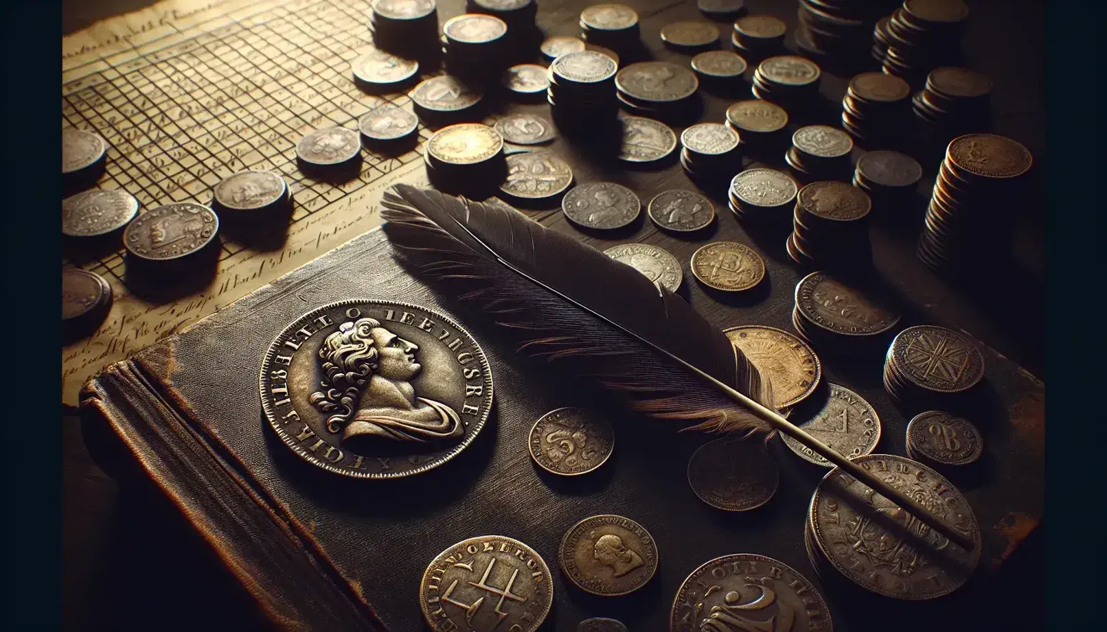 Vintage coins from the late 18th century on a dark wooden surface with an open, aged ledger, quill pen, and glass inkwell in soft lighting.