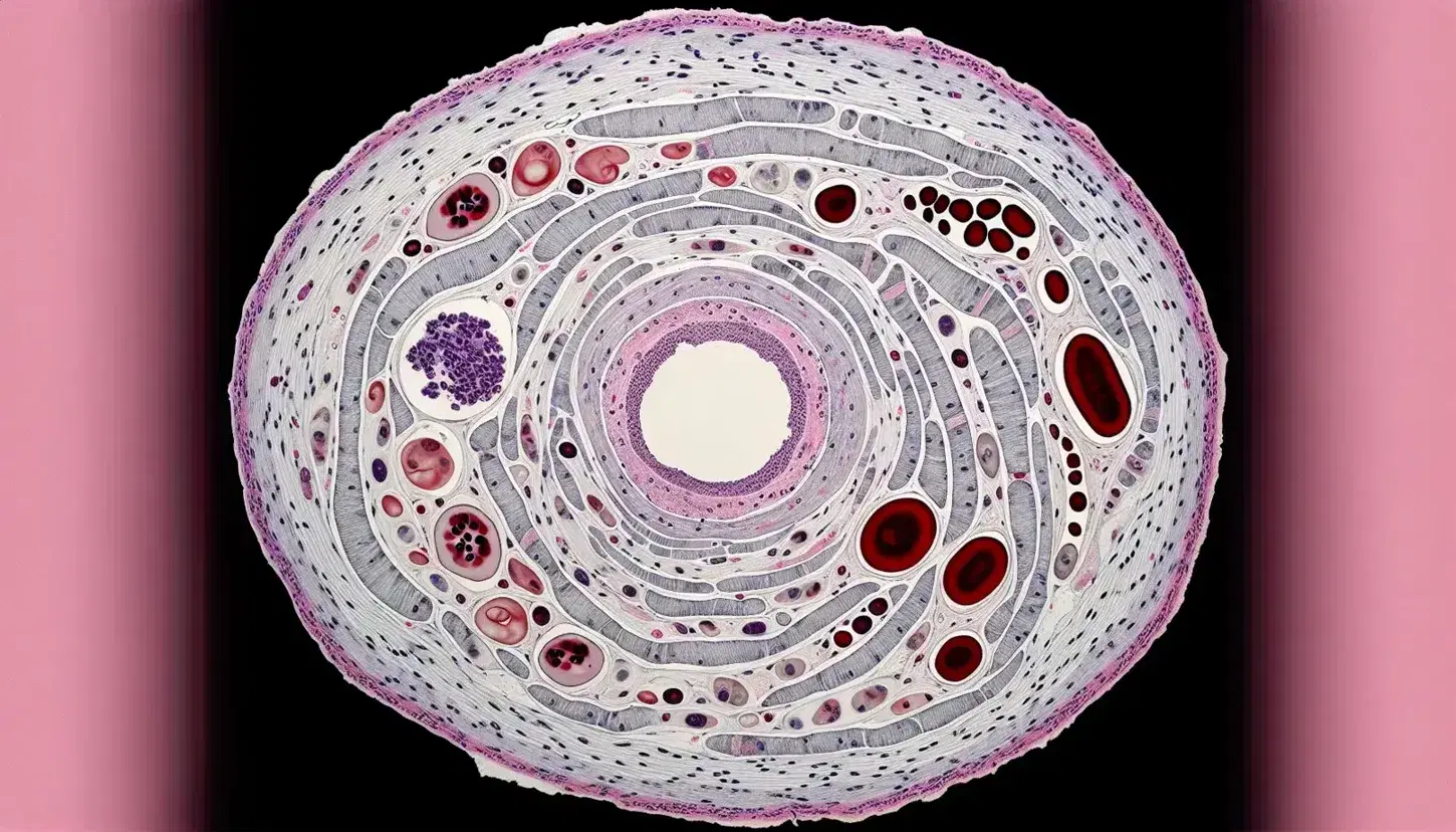 Vista microscópica transversal de un vaso sanguíneo mostrando el lumen, capas de tejido endotelial, muscular, adventicia y células como eritrocitos.