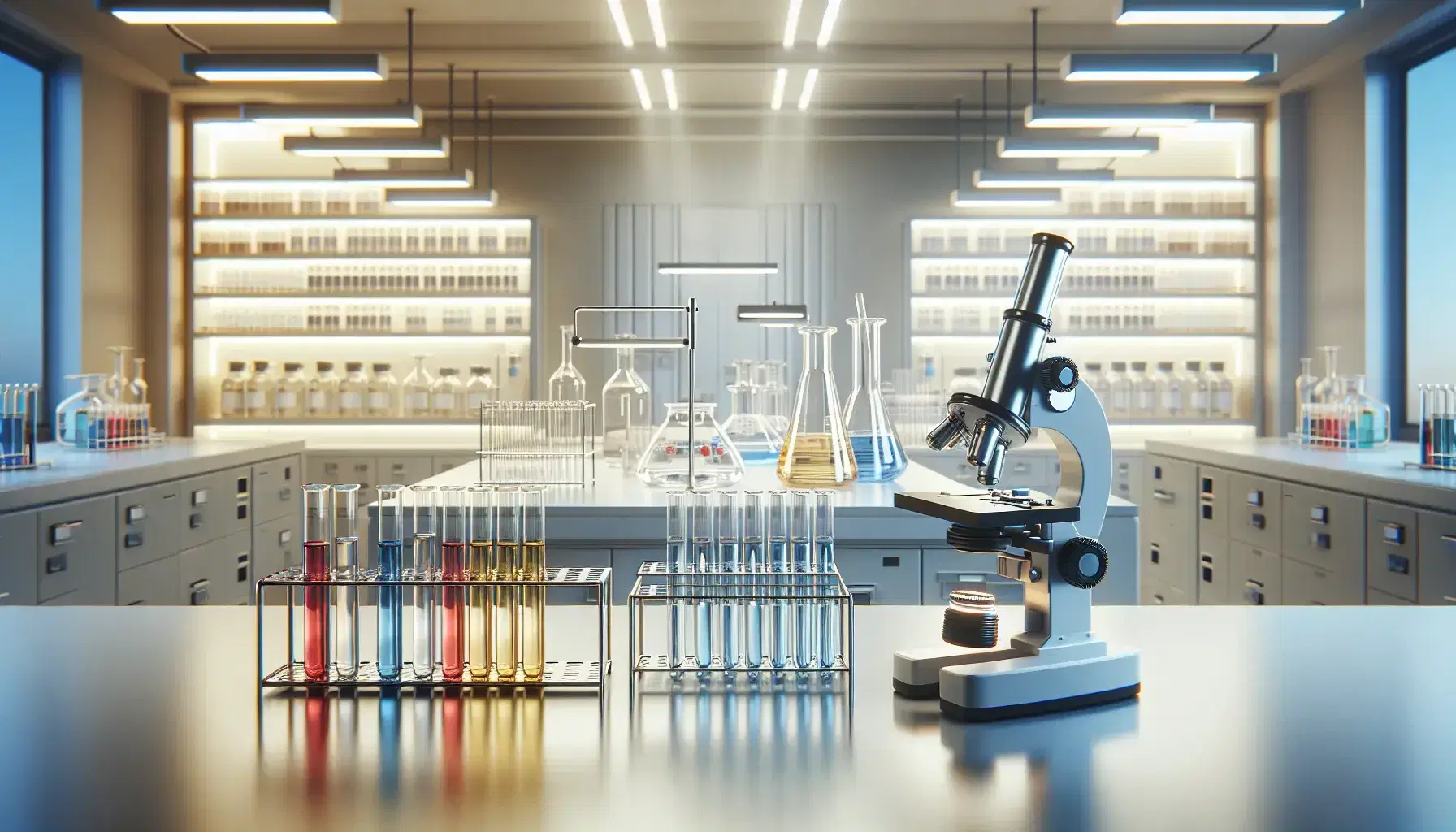 Laboratorio científico moderno con mesa blanca, microscopio plateado, tubos de ensayo con líquidos de colores y estantes con frascos de vidrio.