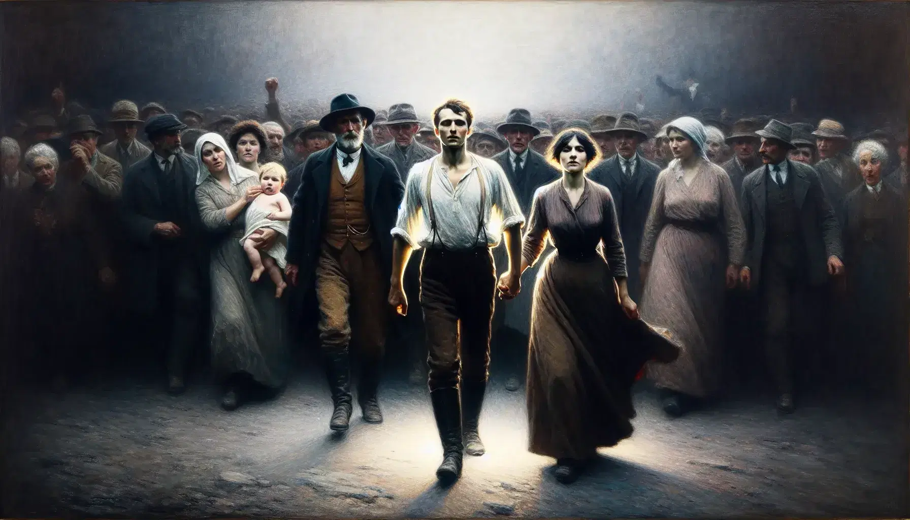 Dipinto olio su tela con gruppo di persone in primo piano, uomo al centro solleva braccio destro, donna con bambino a destra, sfondo sfumato.