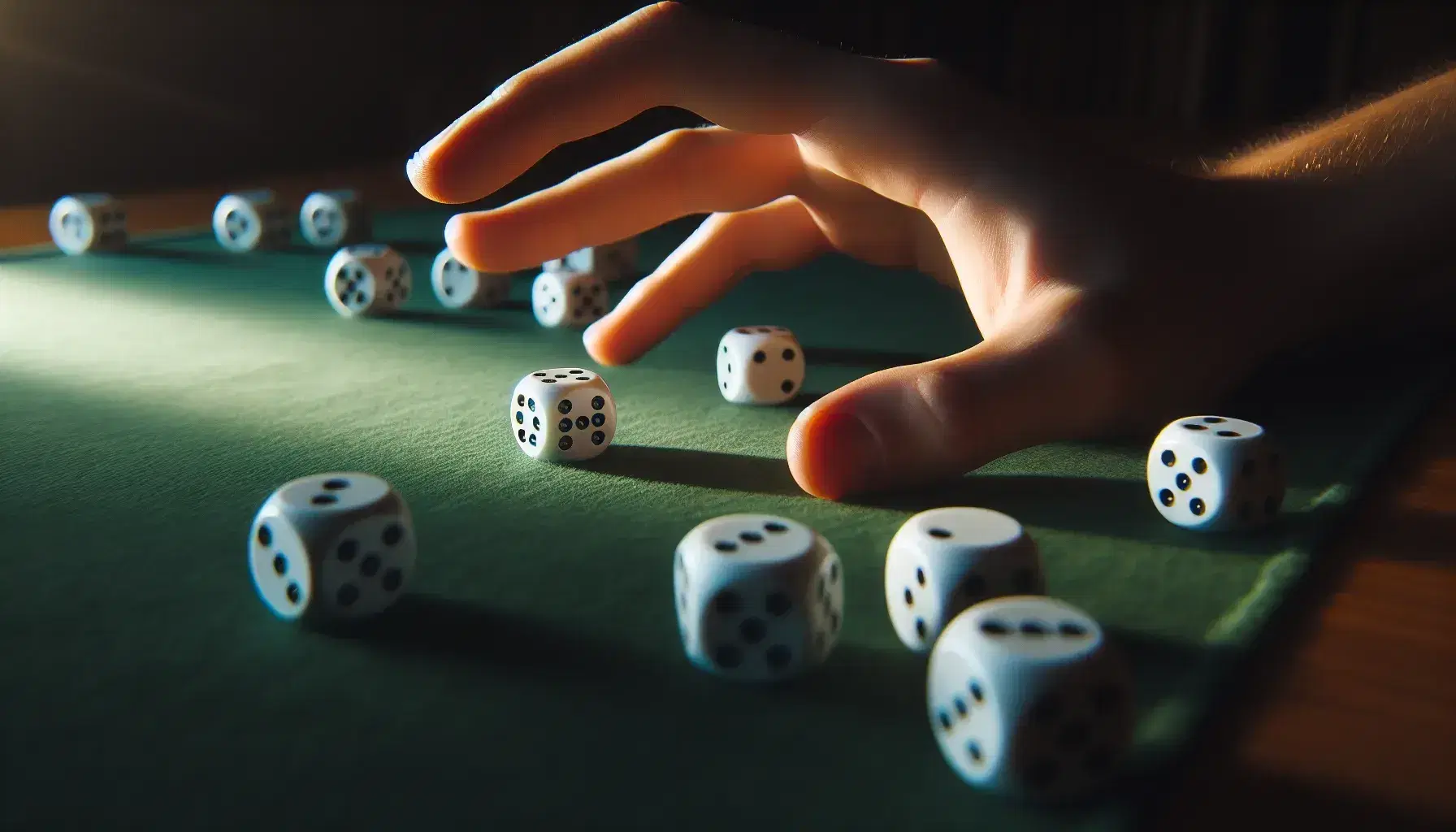 Hand about to roll white dice on green felt surface, background with blurry dice, soft lighting without legible symbols.