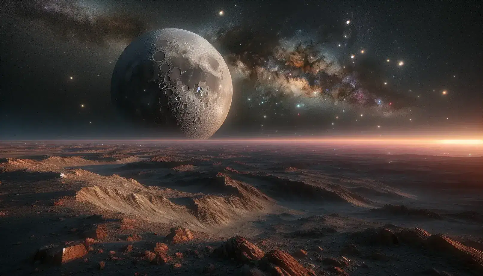 Vista panorámica nocturna desde la Tierra con terreno rocoso en primer plano, luna llena detallada y cielo estrellado con la Vía Láctea.