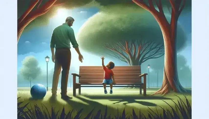 Child reaching for caregiver's hand in a tranquil park with a lush tree, empty bench, and blue ball on a sunny day, symbolizing nurturing relationships.