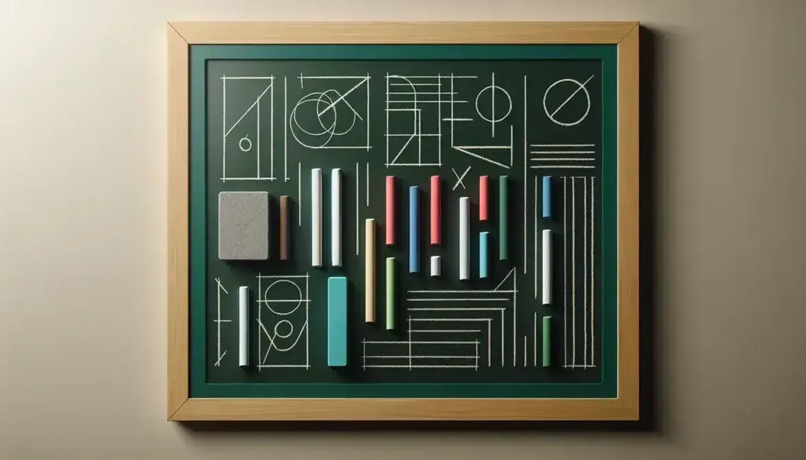 Pizarra verde oscuro con marco de madera y tizas de colores usadas en la esquina, junto a un borrador gris y figuras geométricas dibujadas en el centro.