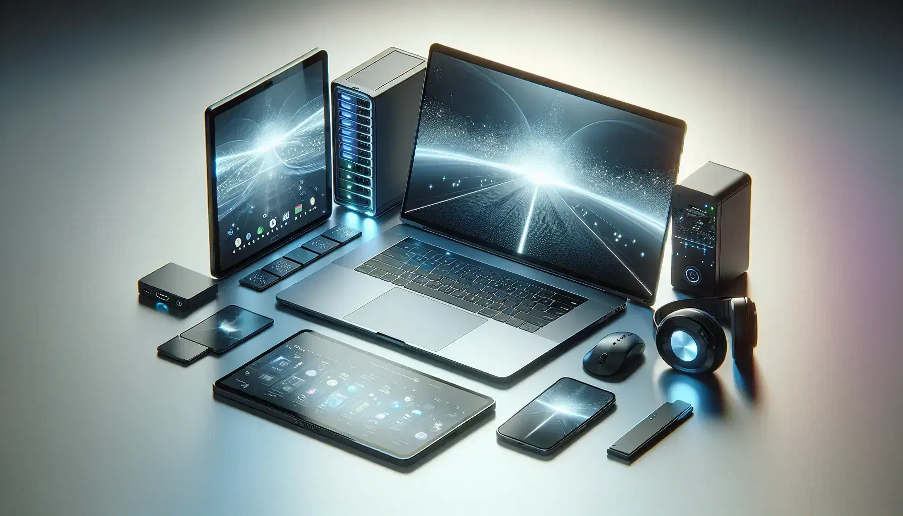 Conjunto de dispositivos electrónicos modernos sobre superficie clara, incluyendo portátil abierto, tablet, smartphone, gafas VR, servidor y disco duro externo.