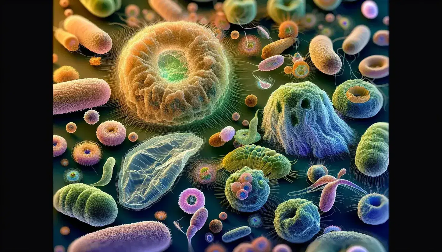 Close-up view of colorful protozoa under a microscope, featuring a large amoeba, a green paramecium with cilia, and various smaller organisms.