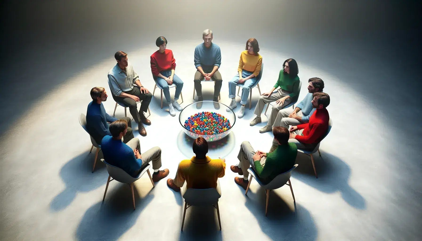 Six people sitting in a circle on gray chairs around a glass bowl with colored marbles, in a neutral, well-lit environment.