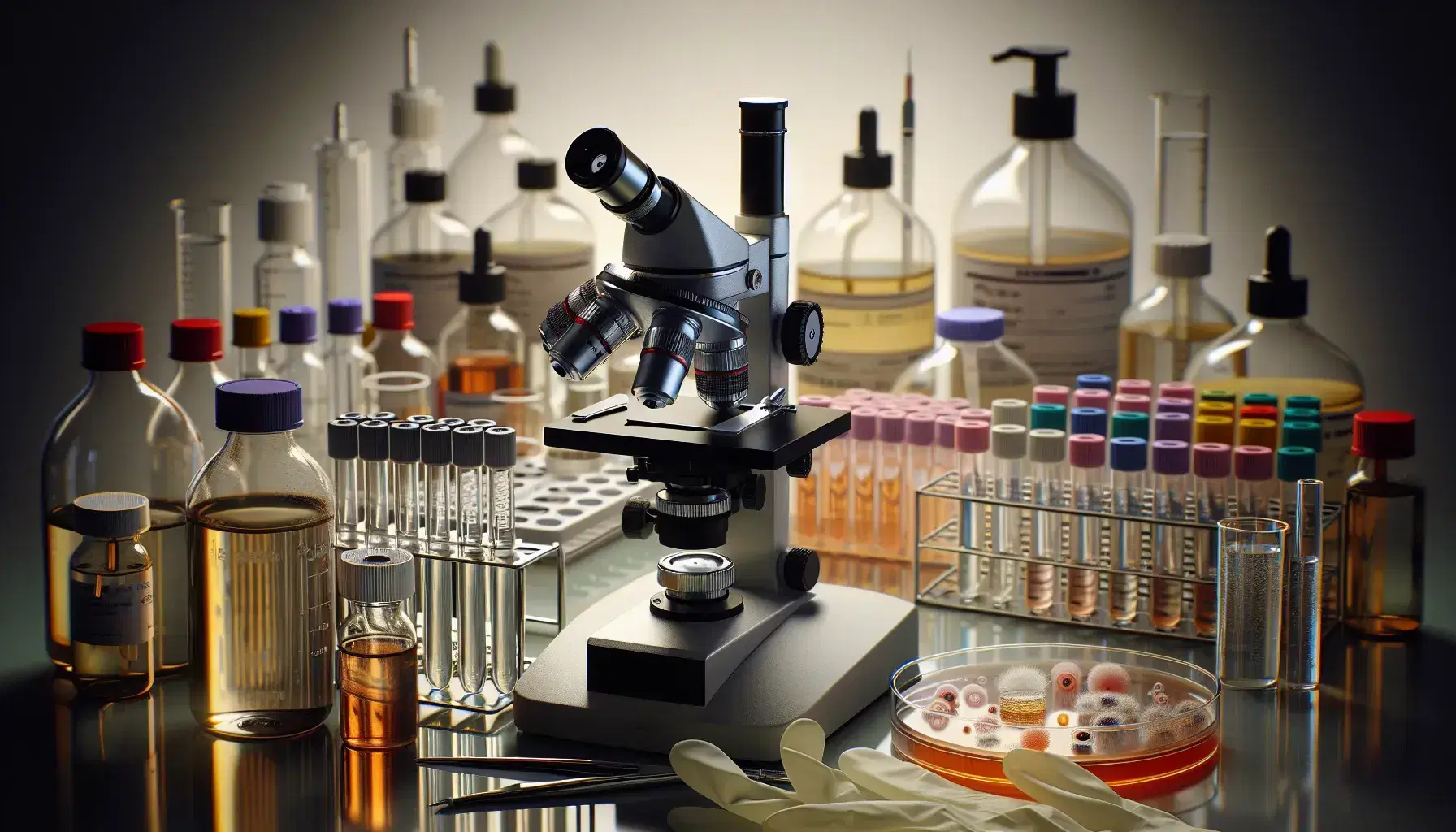 Microscopio óptico con tubos de ensayo de colores y placa de Petri con cultivo bacteriano en laboratorio clínico, rodeado de frascos de reactivos y guante de látex.