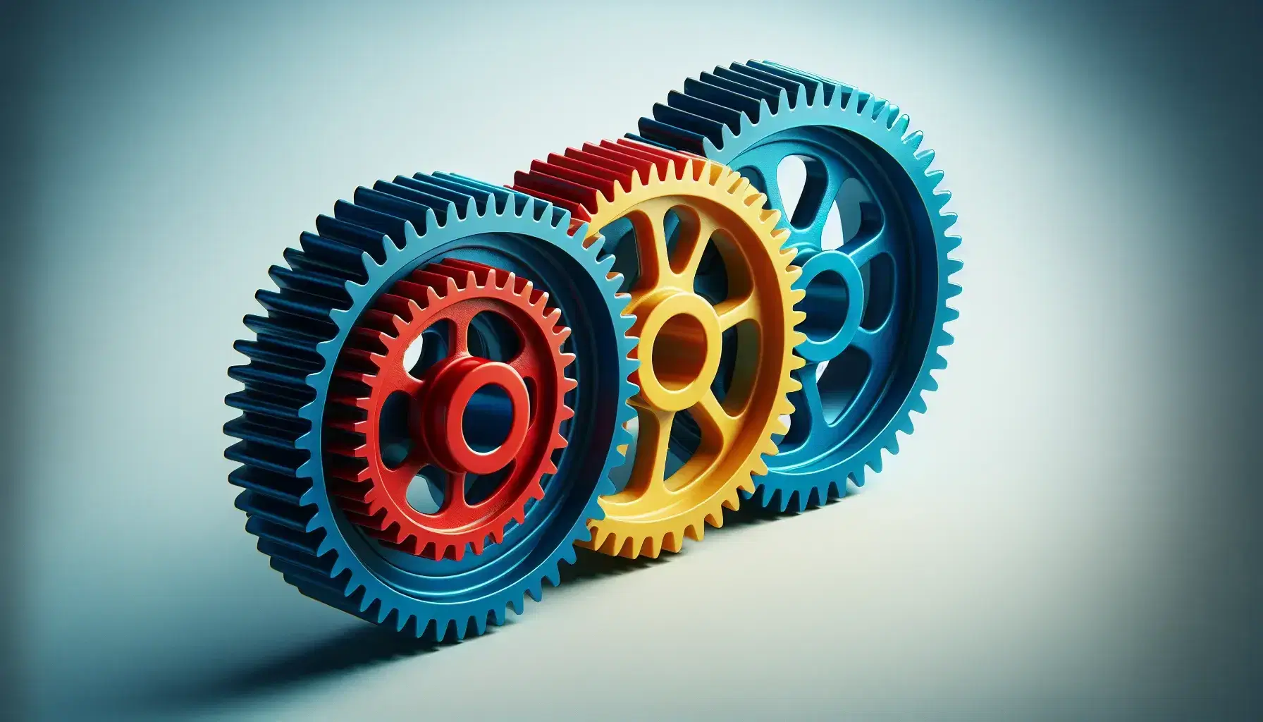 Three interlocked gears in ascending sizes and colors blue, red, and yellow, set against a plain background, symbolizing mechanical connectivity.