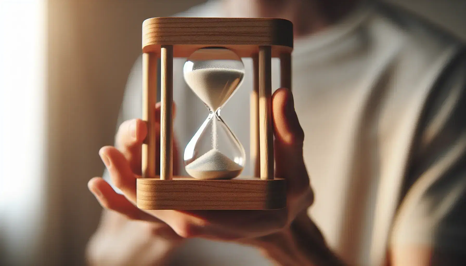 Mano sosteniendo reloj de arena con arena blanca cayendo y marco de madera, simbolizando el paso del tiempo en fondo desenfocado.