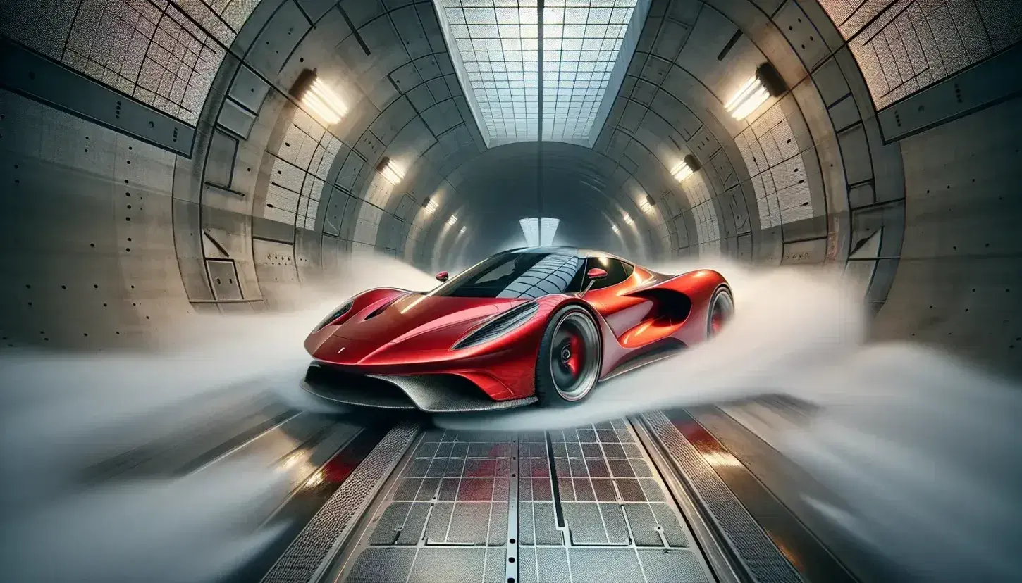 Red sports car undergoing aerodynamic testing in a wind tunnel with smoke flow visualization, highlighting sleek design and airflow dynamics.