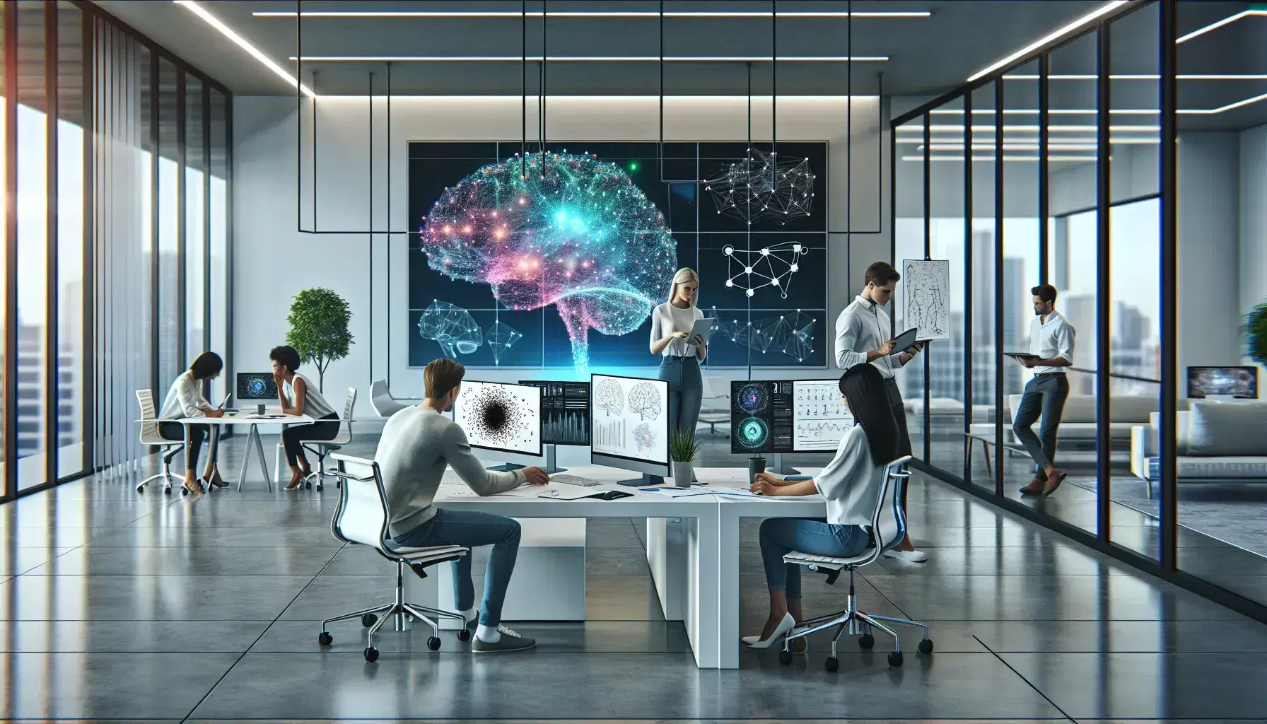 Modern and spacious office environment with people engaged in work activities, monitor with neural network, discussion with tablet and geometric sketches.
