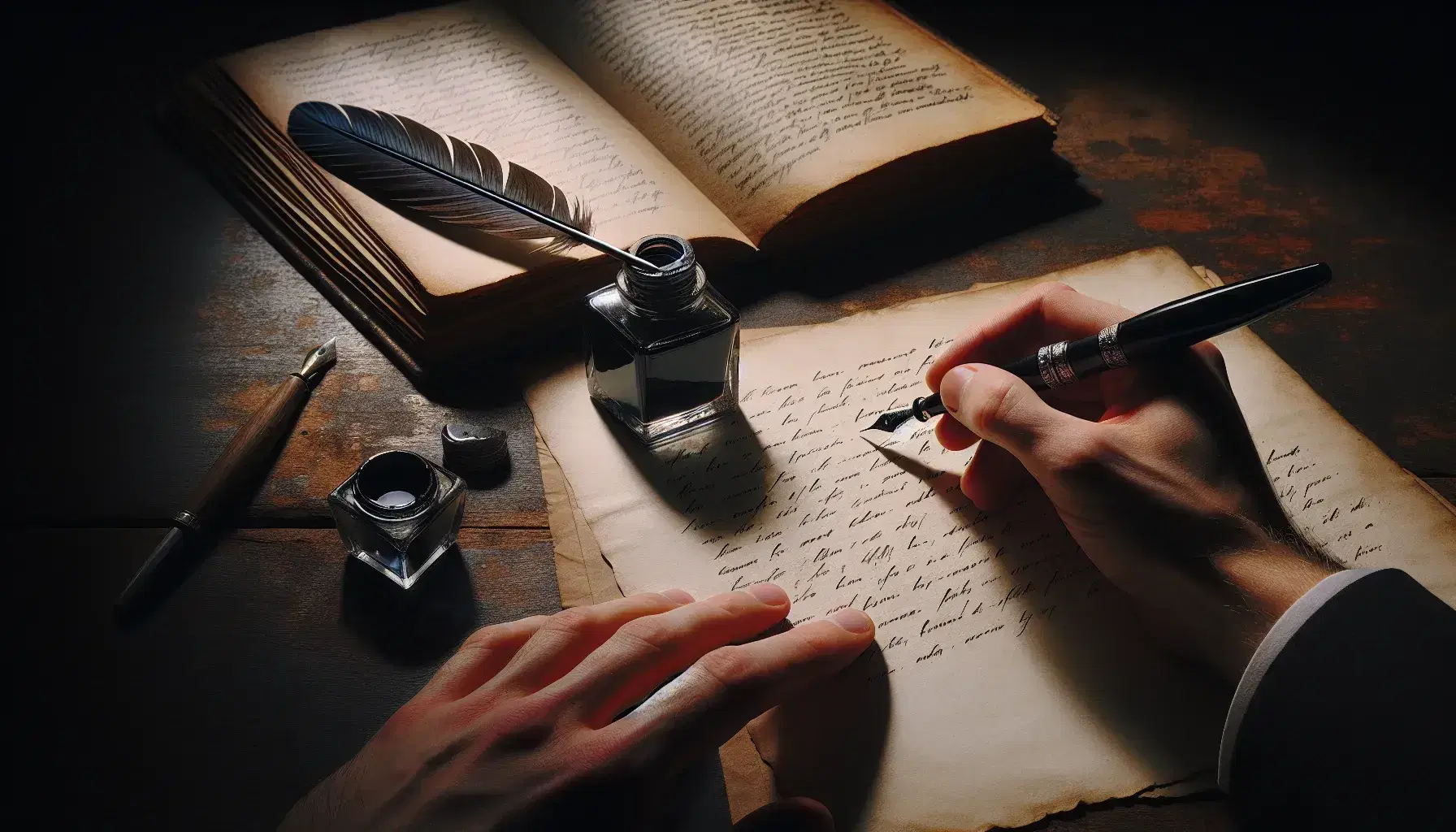 Mano sinistra impugna penna stilografica nera su foglio di carta ingiallito, tavolo in legno scuro, calamaio e piuma accanto, libro aperto a sinistra.