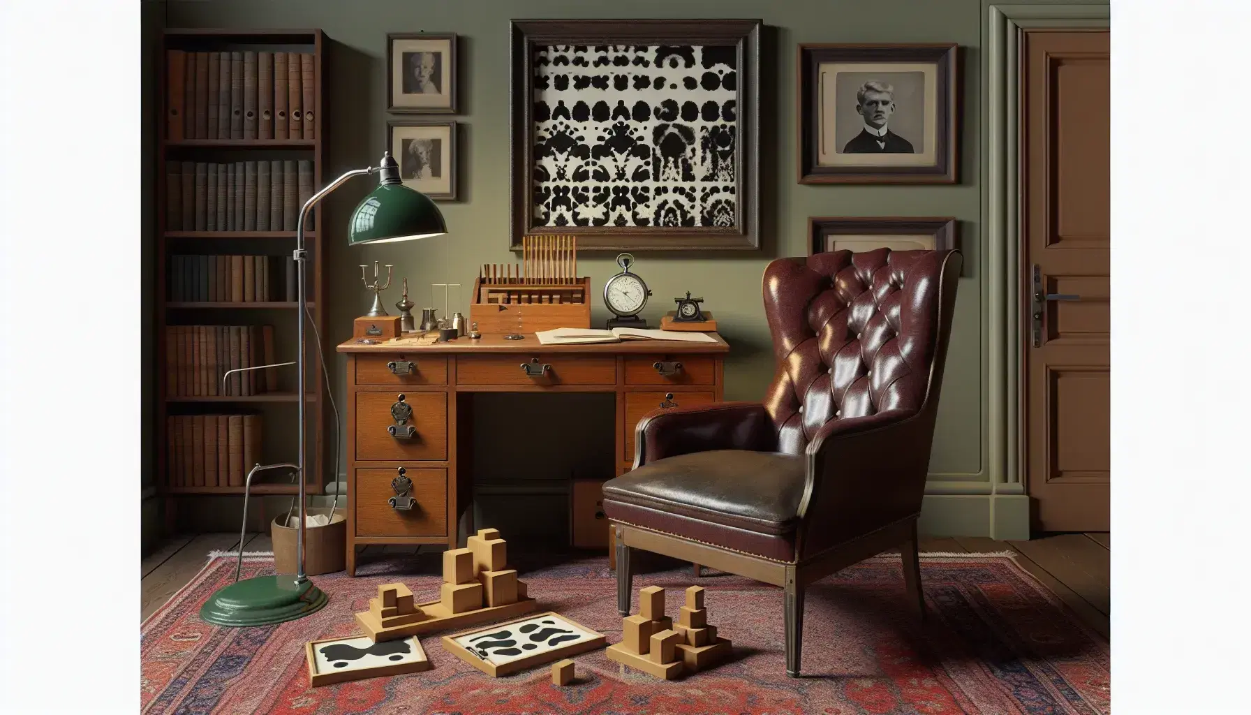 Vintage office of a mid-20th century psychologist with wooden desk, blocks, stopwatch, Rorschach cards, burgundy armchair and brass lamp.