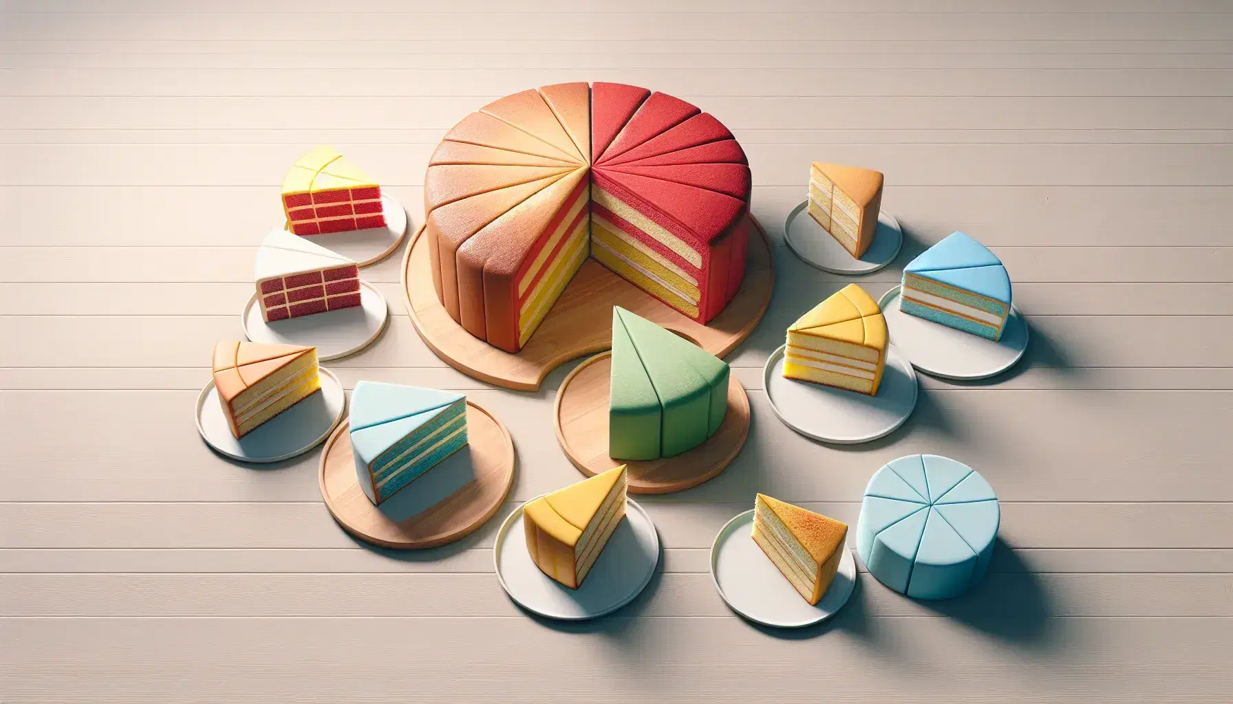 Torte colorate in rosso, verde, blu e giallo divise in fette su tavolo in legno chiaro, alcune porzioni accanto ai dolci pronte per essere servite.