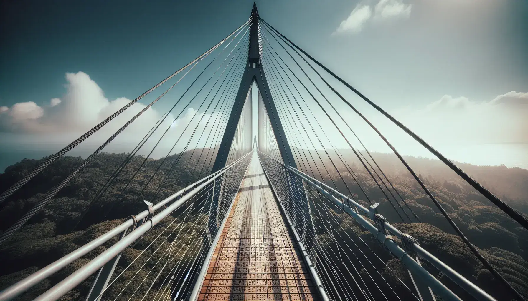 Puente colgante con estructura triangular de cables negros y pasarela de madera, rodeado de vegetación en un día despejado con cielo azul.