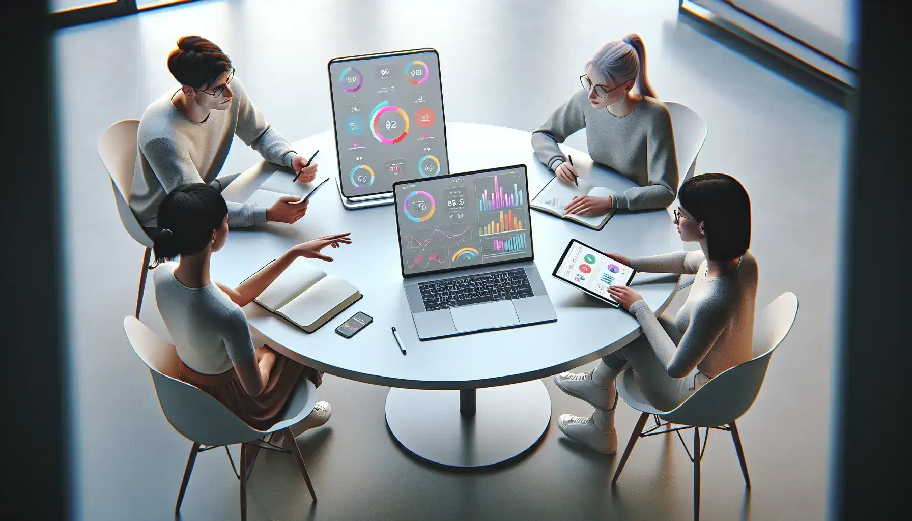 Tres profesionales colaborando alrededor de una mesa redonda con un portátil, una tableta digital y tomando notas, en un espacio iluminado naturalmente.