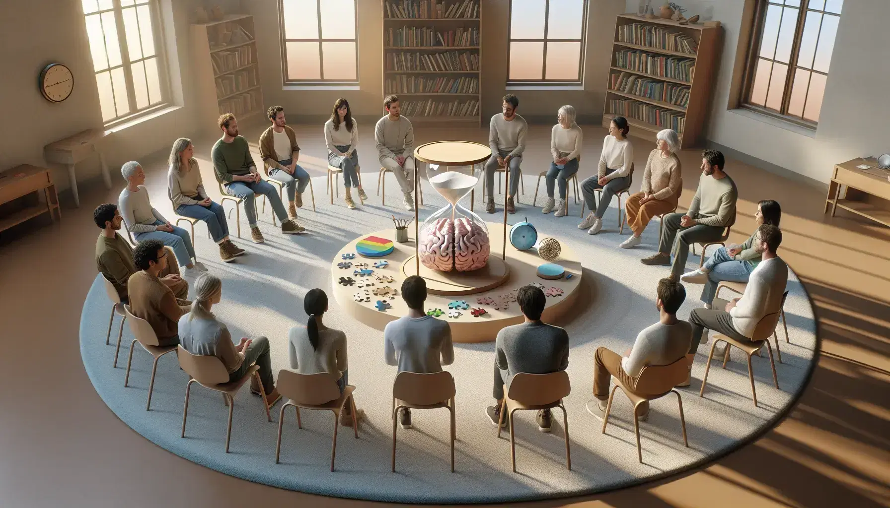 Grupo diverso en reunión circular con objetos en mesa, incluyendo reloj de arena, rompecabezas y modelo cerebral, en sala iluminada naturalmente.