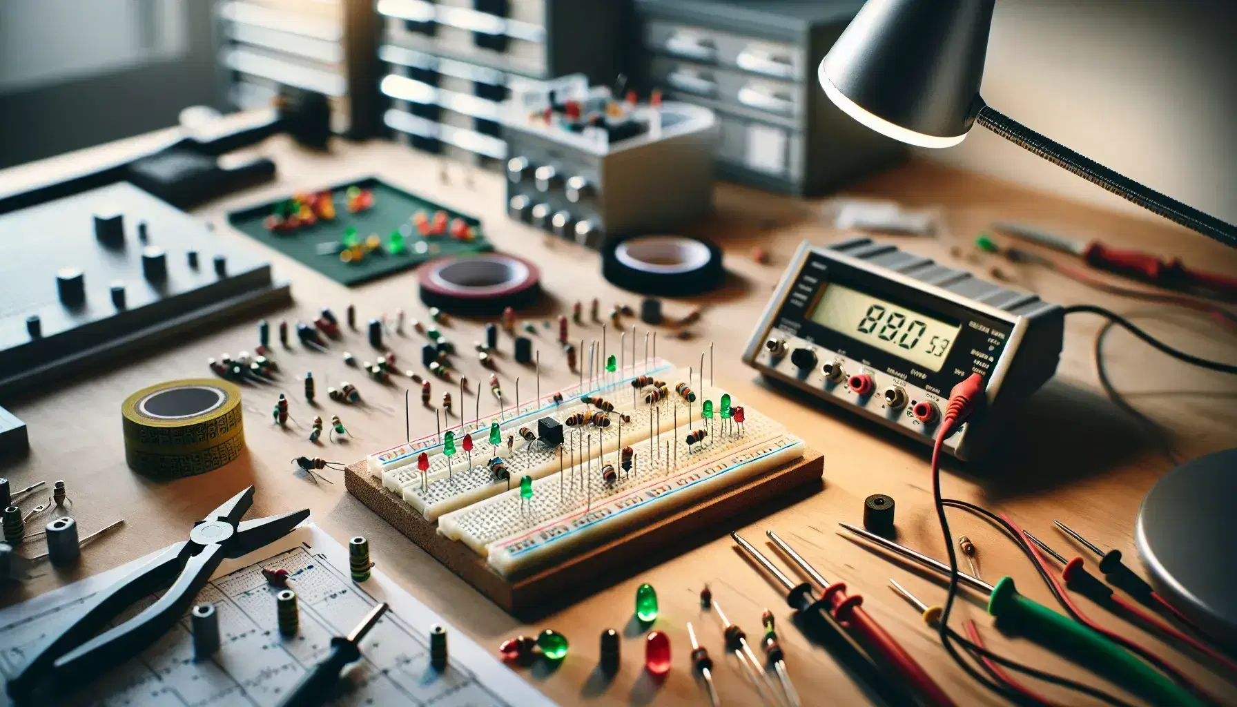 Banco di lavoro per elettronica con breadboard, componenti vari, motorino elettrico e multimetro spento, illuminato da lampada flessibile.