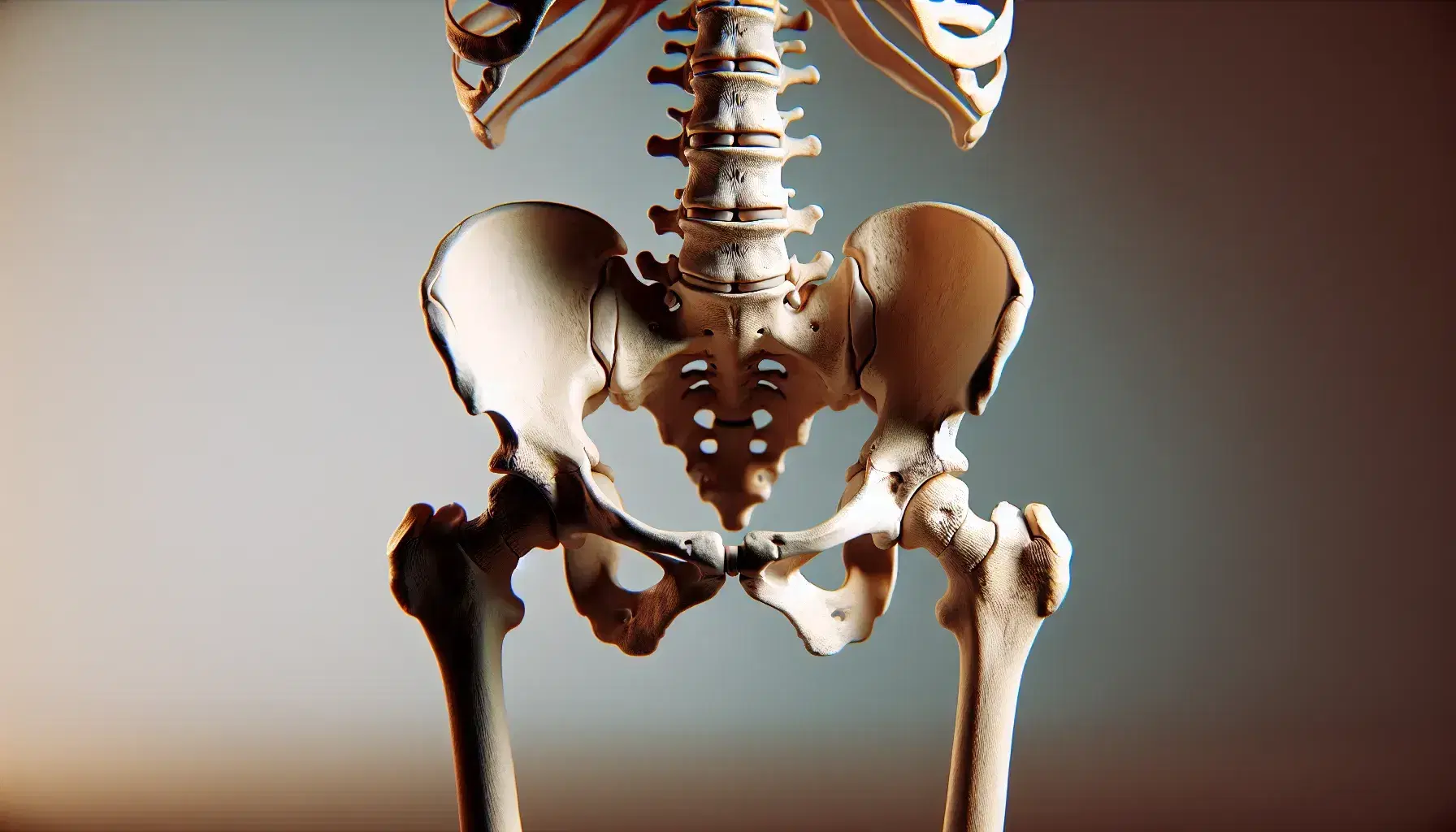 Esqueleto humano con enfoque en la estructura ósea de la pelvis, mostrando sacro, iliacos, isquion y pubis, contra fondo neutro sin distracciones.