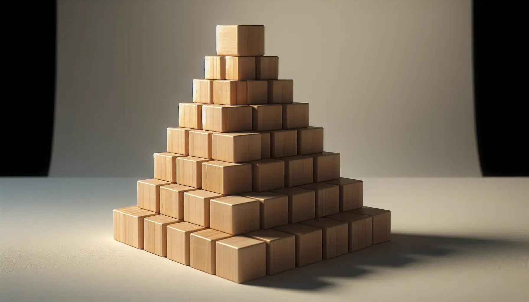Bloques de madera en forma de escalera ascendente sobre fondo blanco, con textura natural y diseño piramidal.