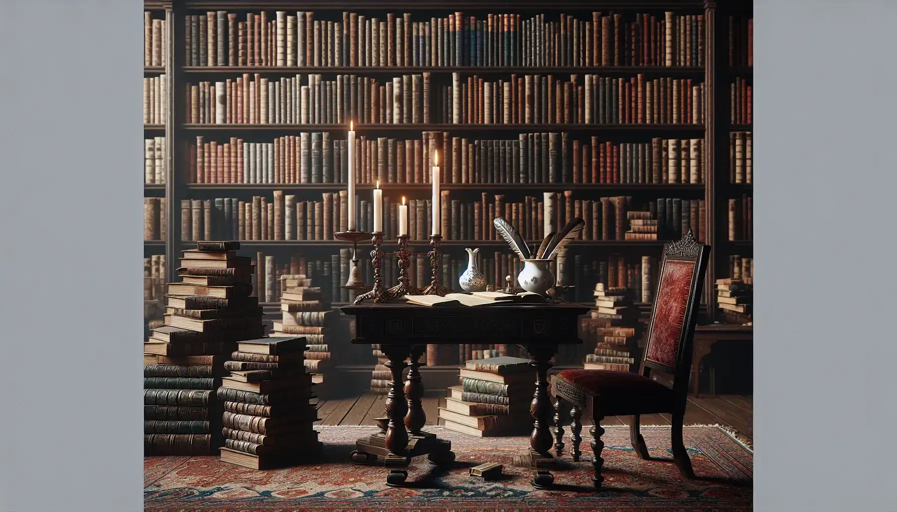 Biblioteca antigua con estantes de madera oscuros llenos de libros, mesa central con candelabro y tintero, silla con cojín rojo y alfombra persa.