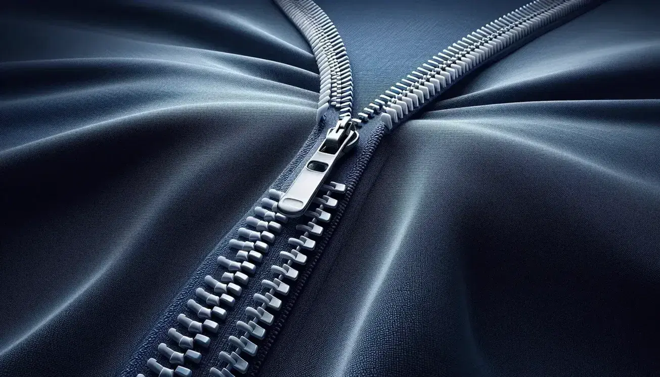 Close-up of a half-open white zipper on dark blue fabric, with alternating metal teeth and a slider positioned in the center.
