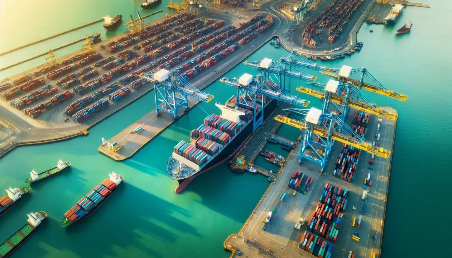 Vista aérea de un puerto marítimo con un gran barco de carga rodeado de grúas portuarias y contenedores de colores, camiones cerca para el transporte terrestre.