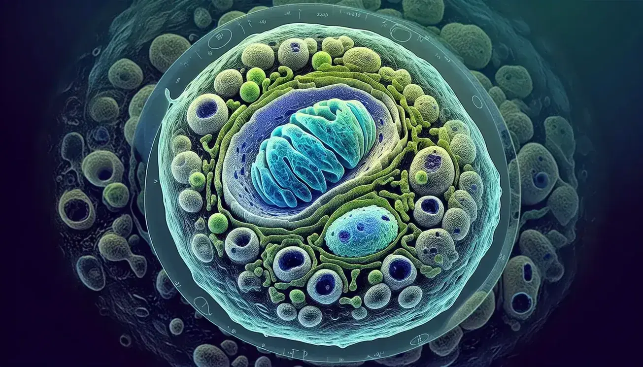 Cellula eucariotica al microscopio con nucleo in blu, citoplasma verde, organelli scuri e membrana semi-trasparente.