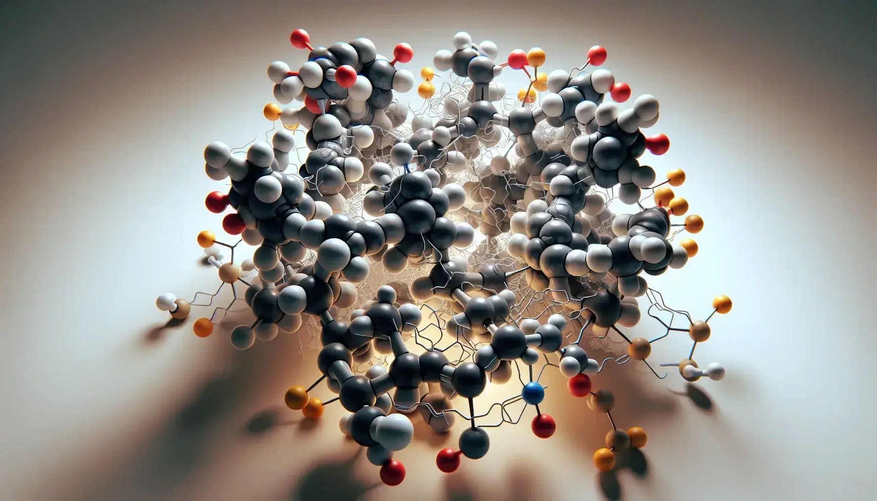 Detailed molecular model of pyruvate dehydrogenase complex with colored spheres representing atoms connected by gray rods, highlighting active sites.