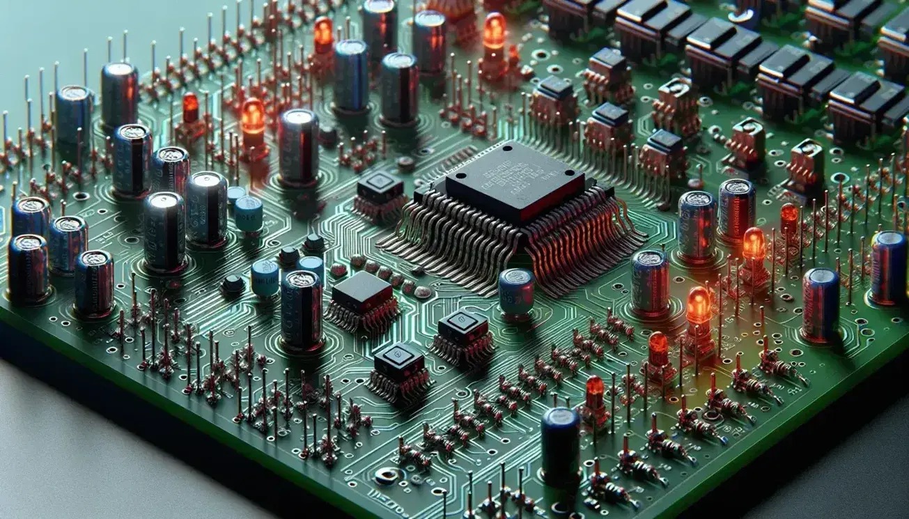 Close-up of a green electronic circuit board with black integrated circuits, blue and orange capacitors and red and yellow LEDs, with no visible text.