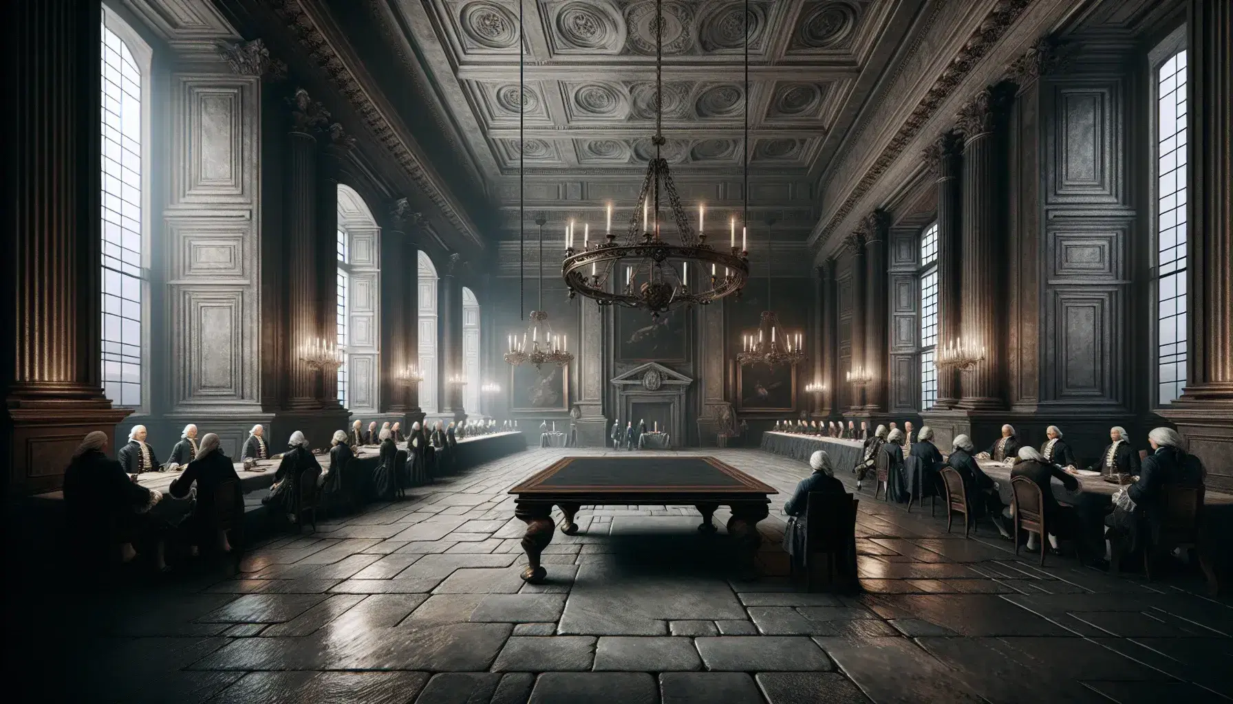 Grand hall with high ceilings and columns, soft lighting from chandeliers, a polished wooden table, and figures in 18th-century attire, exuding historical gravity.
