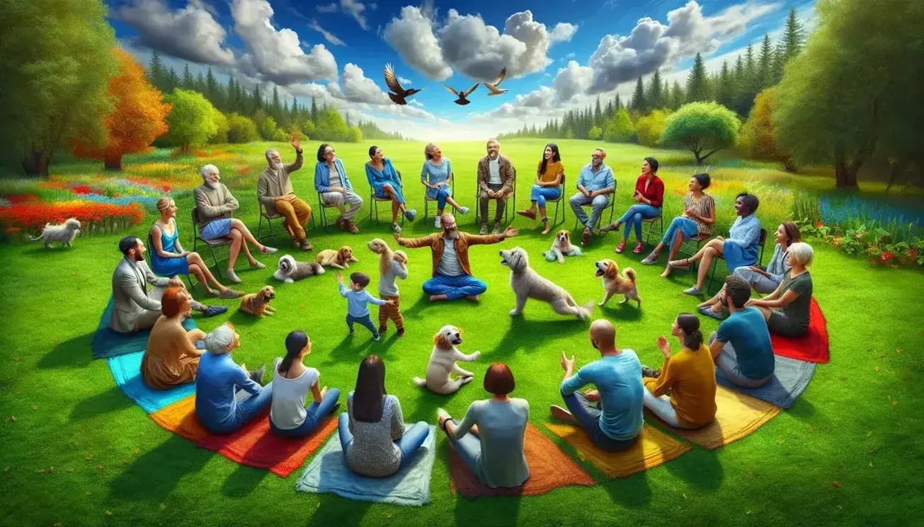 Diverse group of people of various ages sitting on grass in a circle, discussing and playing with a joyful puppy, under a clear blue sky with trees.
