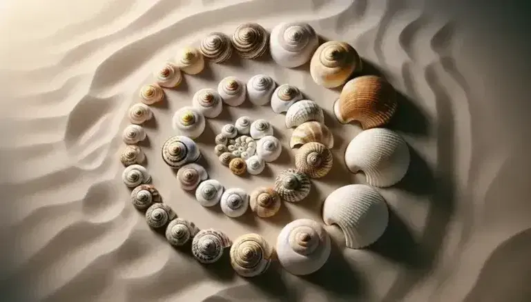 Espiral de conchas marinas decrecientes sobre arena clara evocando la secuencia de Fibonacci, con sombras suaves y texturas variadas.