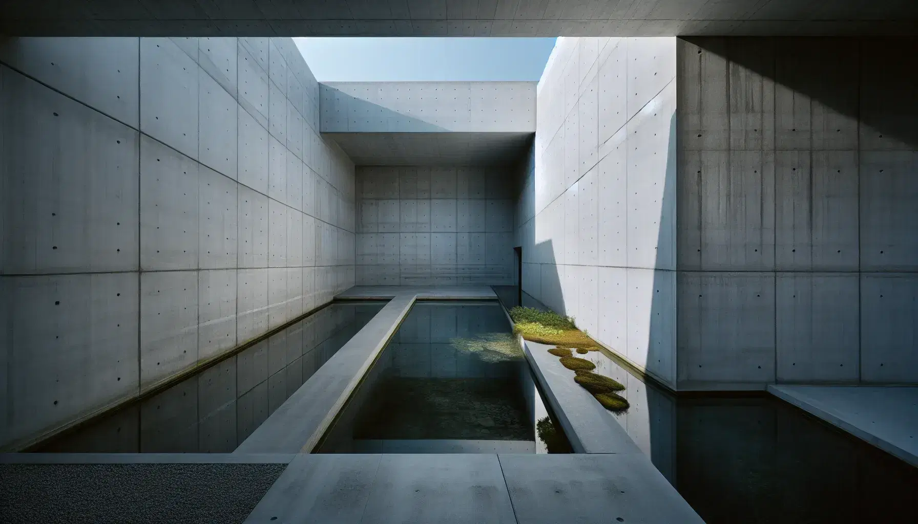 Estructura arquitectónica de concreto al estilo de Tadao Ando con paredes texturizadas, juego de luz y sombra, y estanque reflejante en un entorno minimalista y sereno.