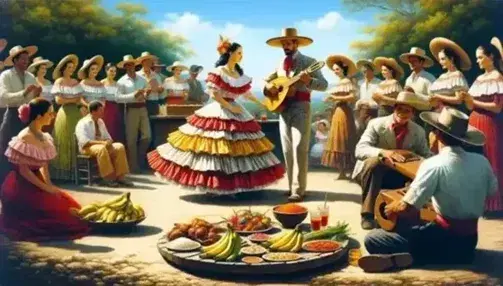 Pareja bailando danza tradicional al aire libre con trajes coloridos, espectadores sonrientes y músico tocando instrumento de cuerda, con mesa de comidas regionales y paisaje diurno.