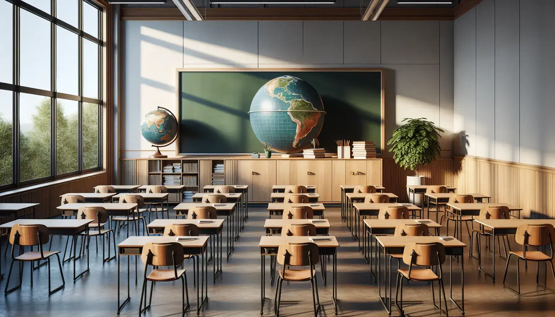 Aula espaciosa y luminosa con filas de pupitres de madera, pizarra verde limpia, escritorio con globo terráqueo y planta, y estantería con libros variados.