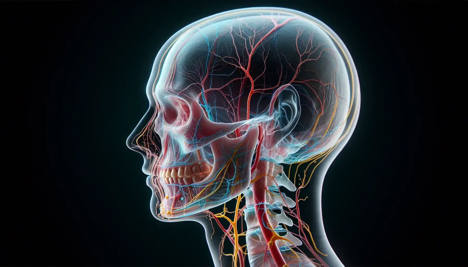 Vista lateral de una cabeza humana transparente mostrando la anatomía interna de la mandíbula, articulación temporomandibular, vasos sanguíneos y nervios relacionados.