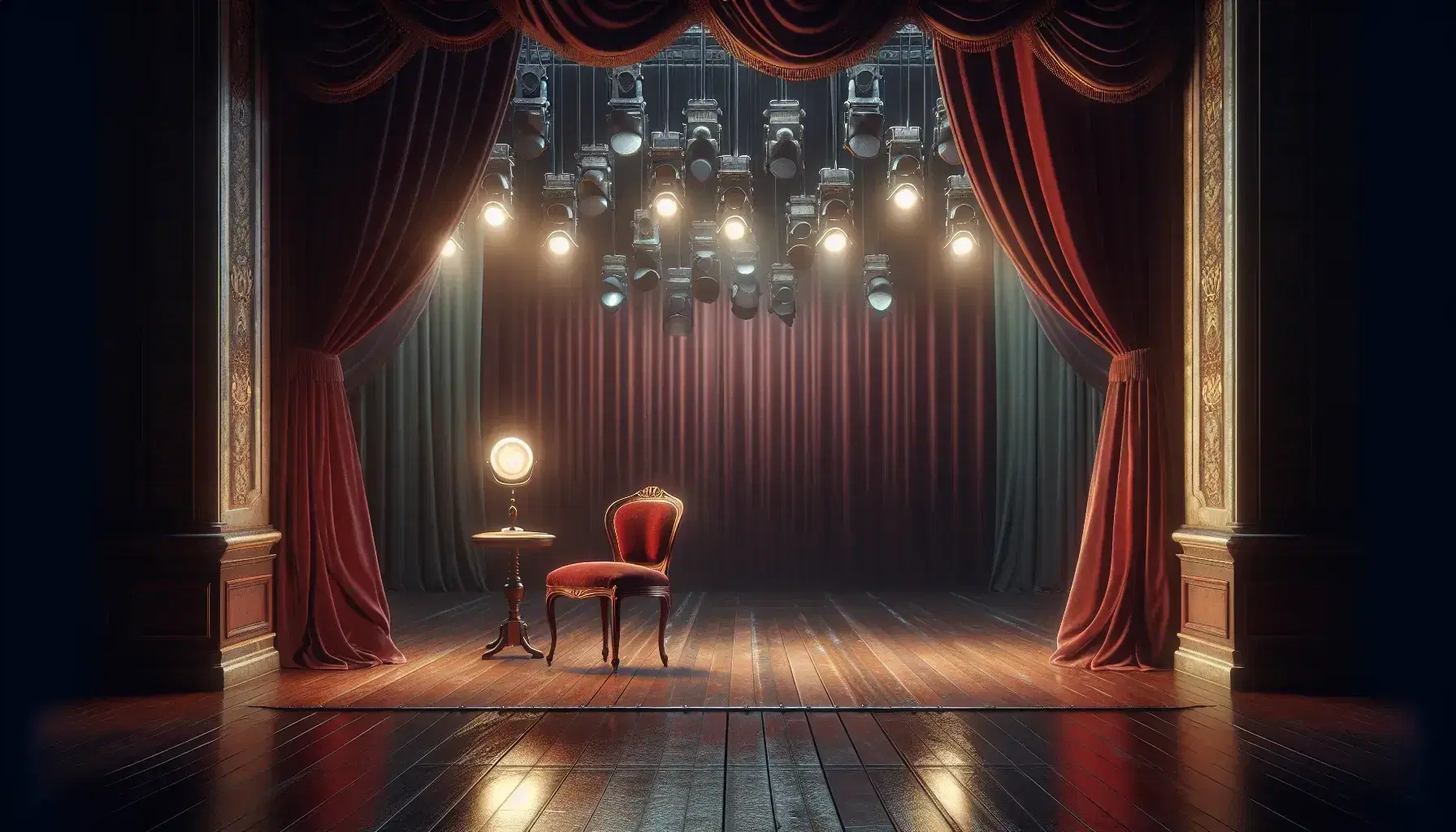 Traditional theater stage with crimson curtains, a solitary antique chair, a side table with a vintage lamp, and a muted backdrop, bathed in soft stage lighting.