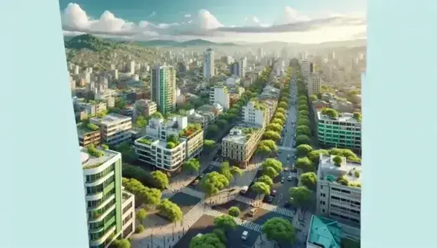 Vista panorámica diurna de Santiago de Cali con edificios de diversas alturas, áreas verdes y colinas al fondo bajo un cielo azul con nubes dispersas.