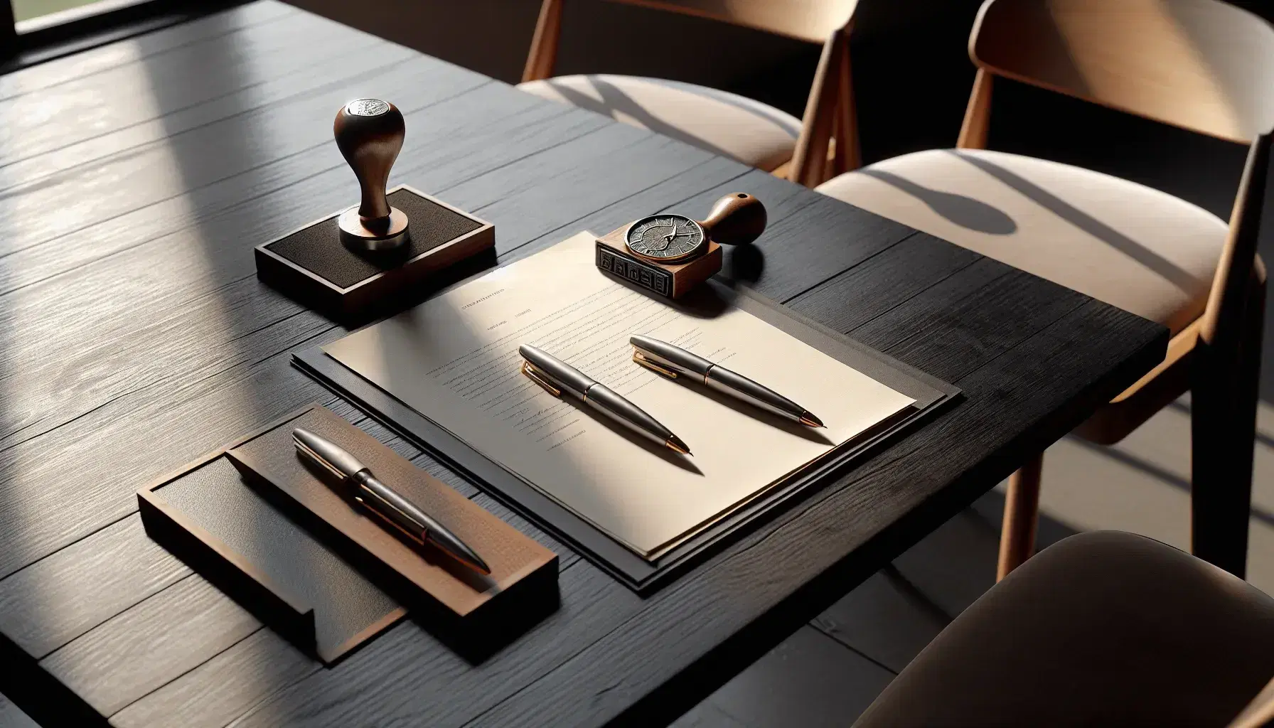 Mesa de madera oscura con dos sillas y documento, bolígrafos metálicos cruzados, sello con tinta y reloj de pulsera, iluminación natural.