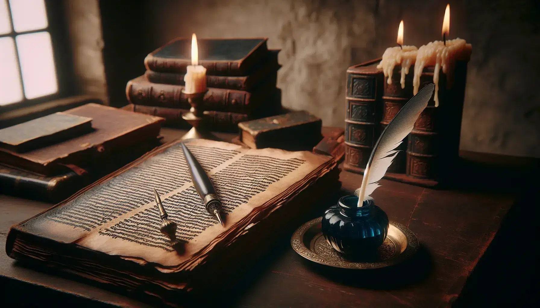 Scrivania in legno scuro con libro antico, penna d'oca e calamaio blu, candela mezza consumata su piatto d'ottone, sfondo di muro di pietra.