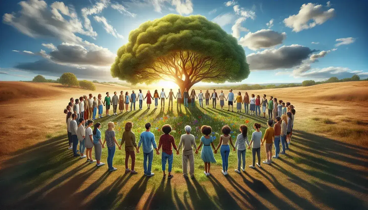 Grupo diverso de personas de diferentes etnias y edades tomadas de las manos alrededor de un árbol frondoso en un campo abierto bajo un cielo azul.