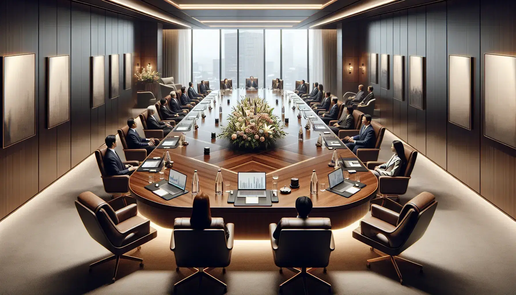 Diverse business professionals collaborate around an oval table with laptops, smartphones, and a floral centerpiece in a well-lit conference room with city views.