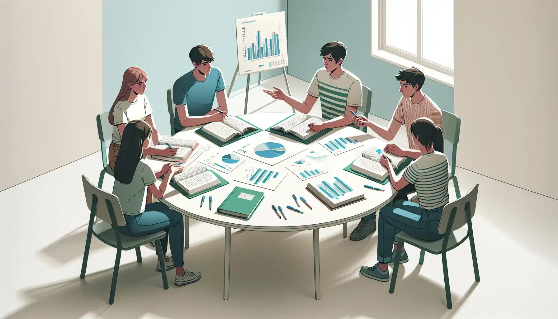 Grupo de cinco personas colaborando en análisis de datos, señalando gráficos en cuadernos sobre mesa redonda en sala iluminada.