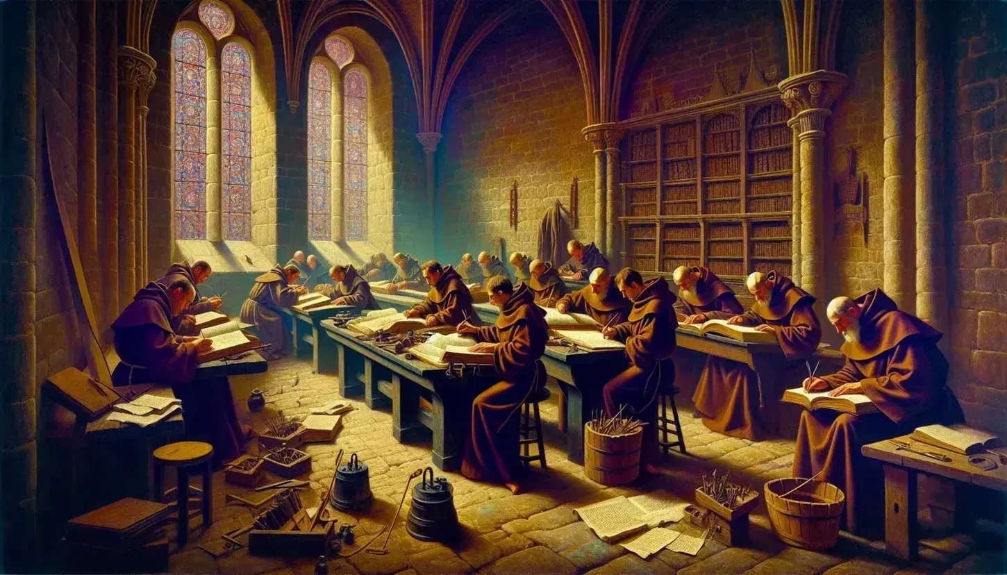 Scena medievale in monastero con monaci in tonache marroni intenti a copiare manoscritti su un lungo tavolo di legno, luce da vetrata colorata.