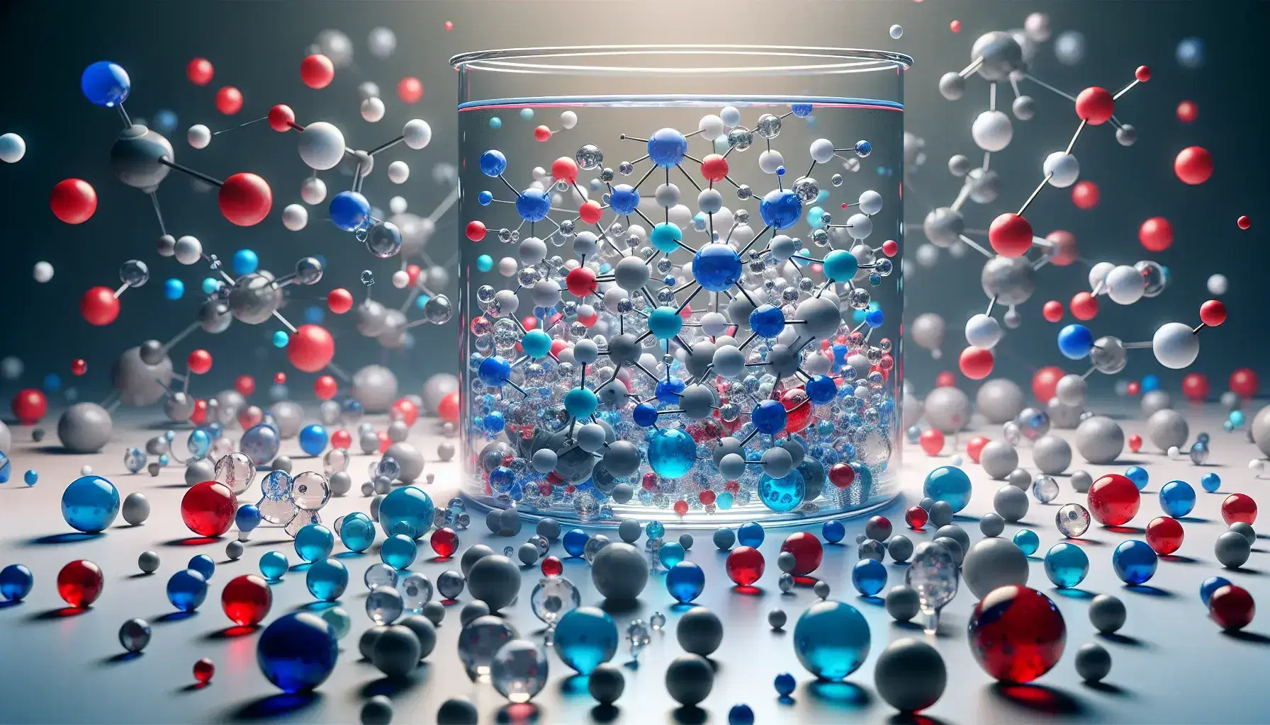 Sfere colorate che simulano atomi e molecole in un becher di vetro con liquido trasparente, riflessi di luce su sfondo neutro.