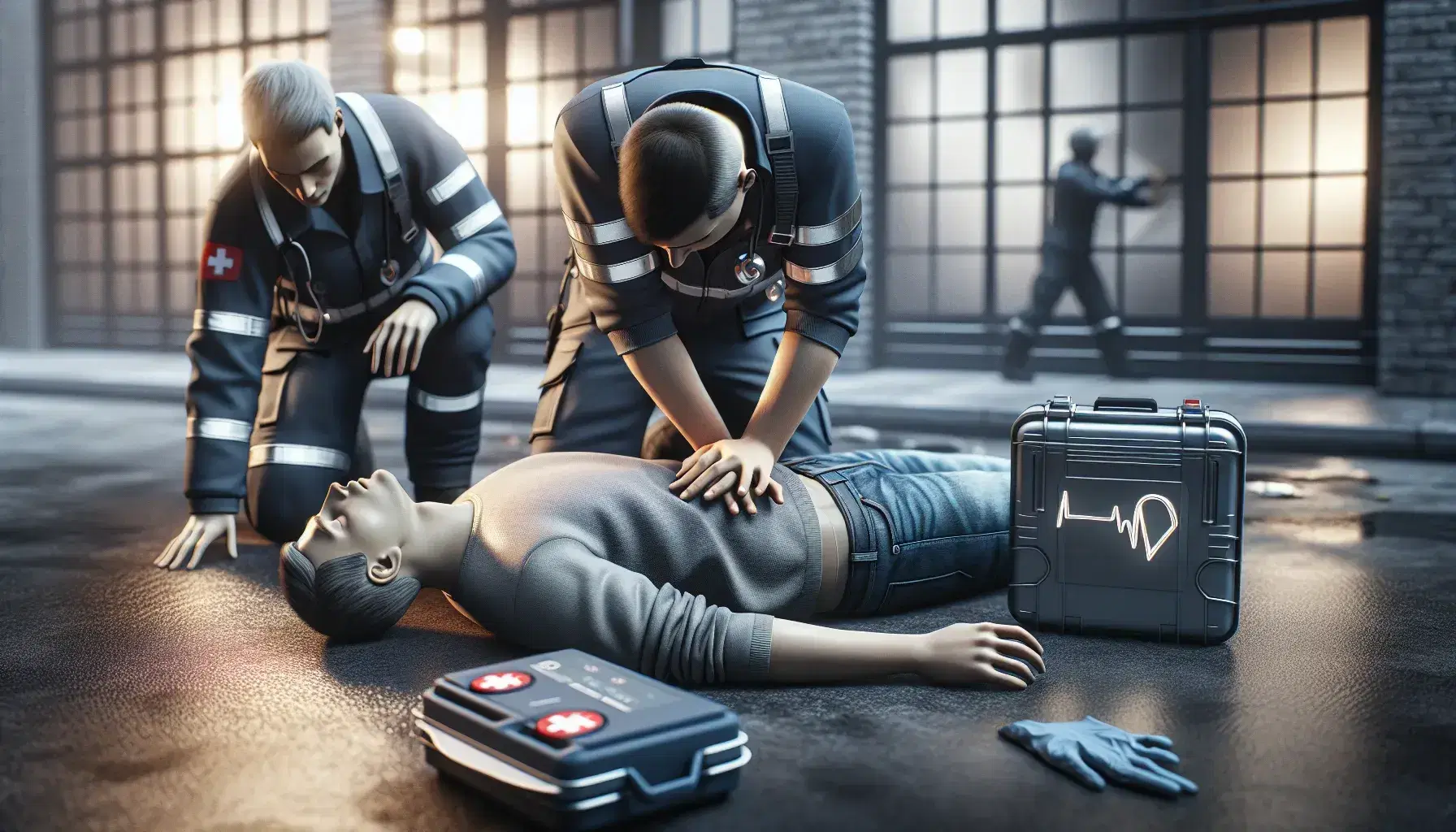 Soccorritore in uniforme blu esegue compressioni toraciche su persona in arresto cardiaco, secondo soccorritore prepara defibrillatore, borsa medica in primo piano.