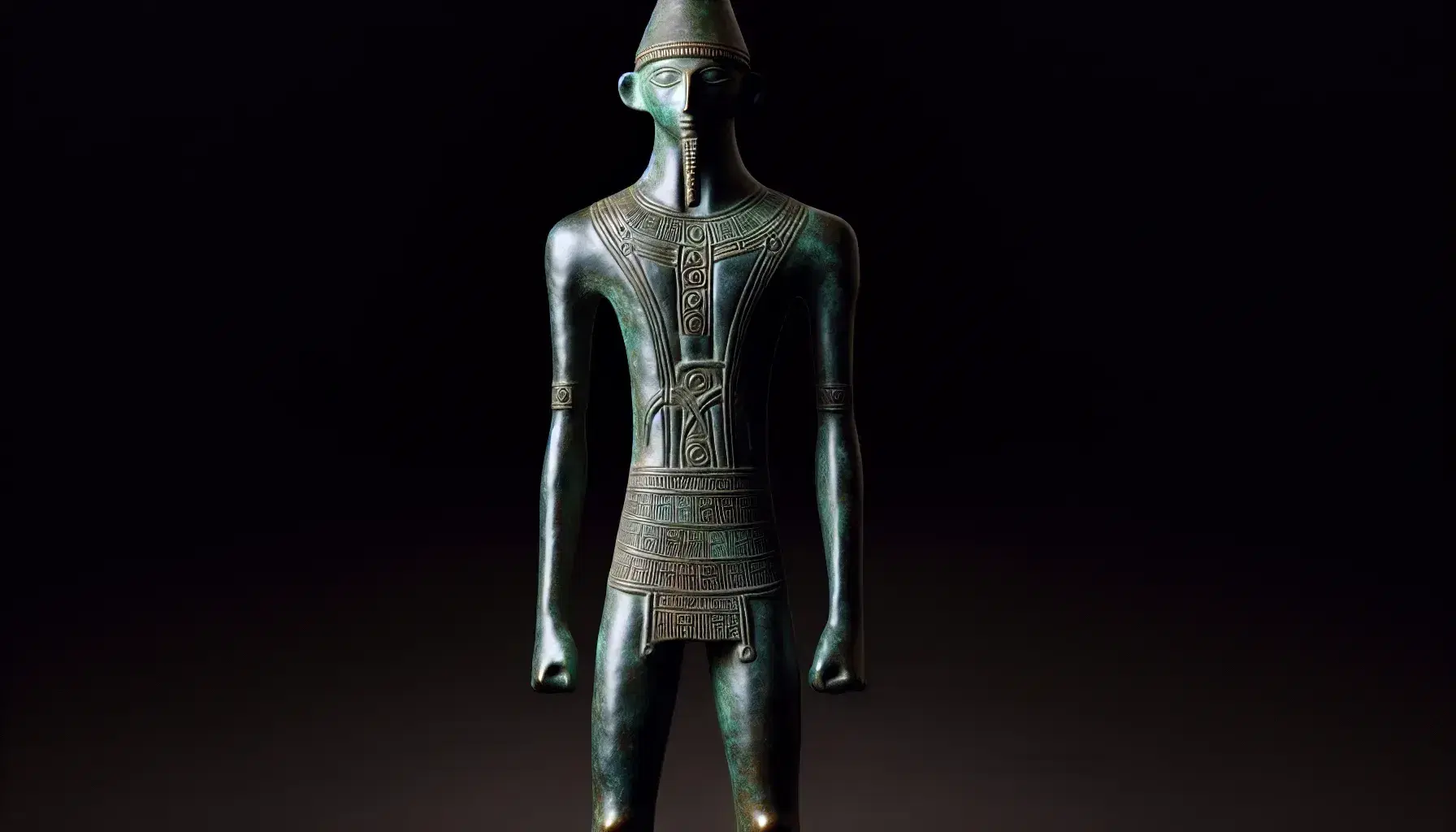 Statuetta nuragica in bronzo raffigurante guerriero con elmo conico e armatura, senza arma in mano, su sfondo neutro.
