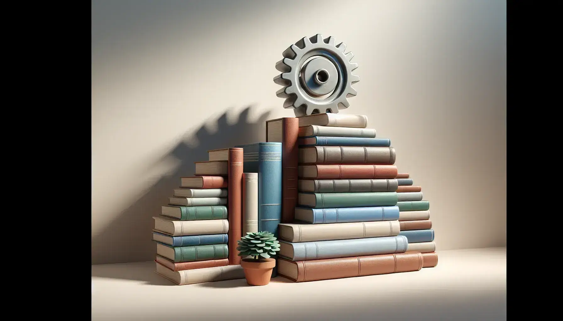Libros apilados en degradado con engranaje metálico encima y planta verde en maceta de terracota al lado, sobre superficie lisa.